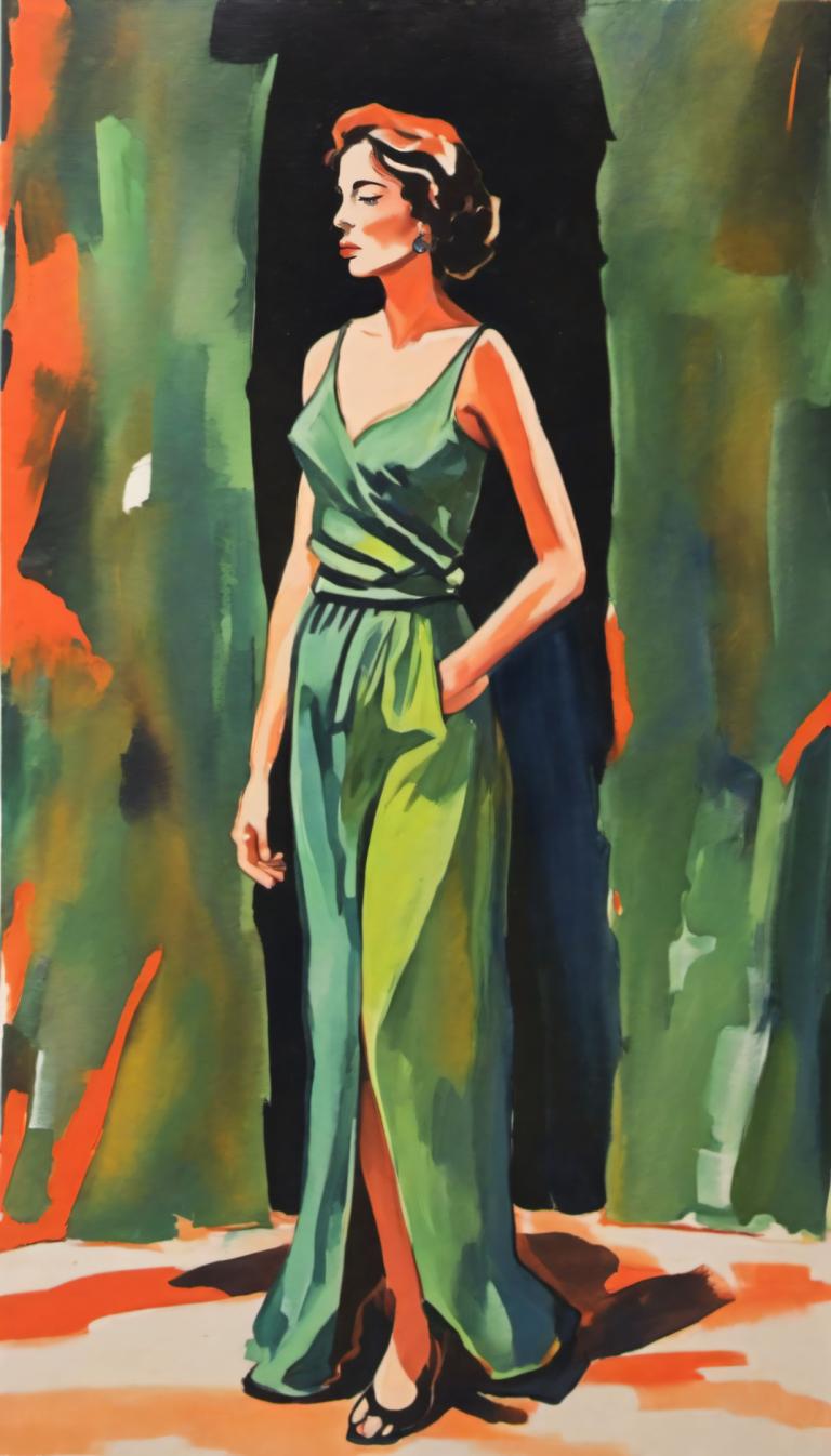 Gouache,Gouache, People, woman, 1girl, solo, dress, green dress, high heels, black footwear, black hair