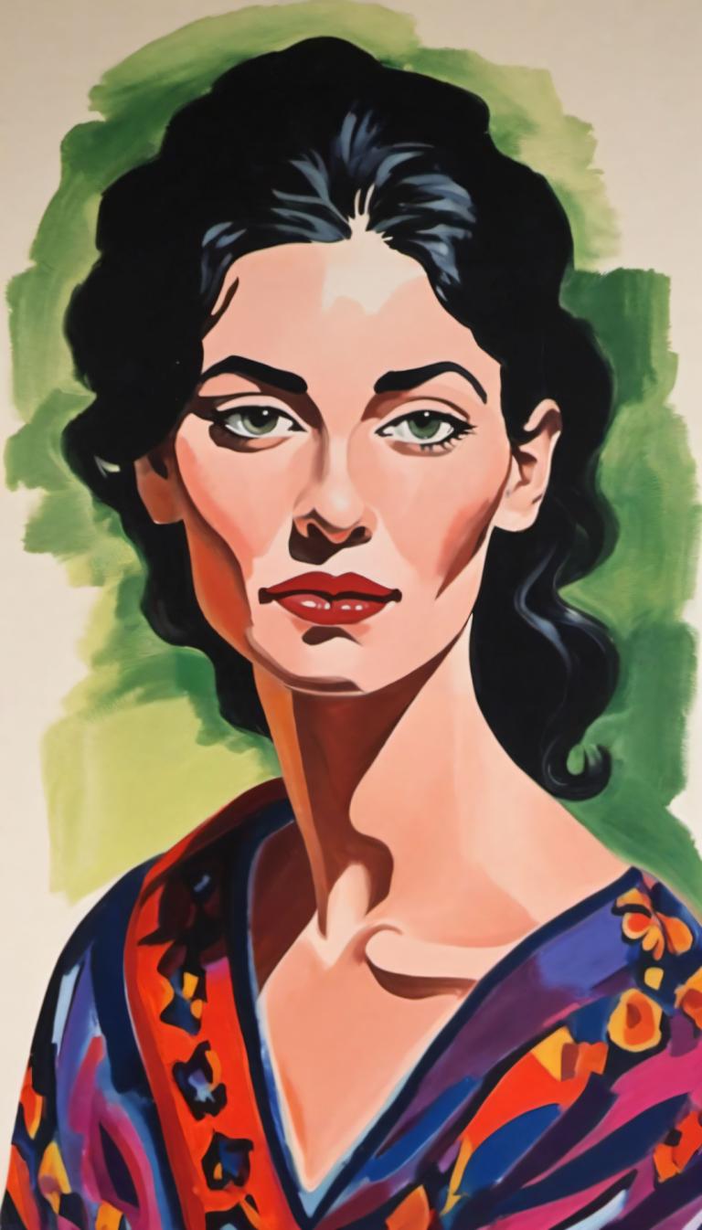 Gouache,Gouache, People, woman, solo, black hair, green eyes, 1girl, makeup, lipstick, red lips