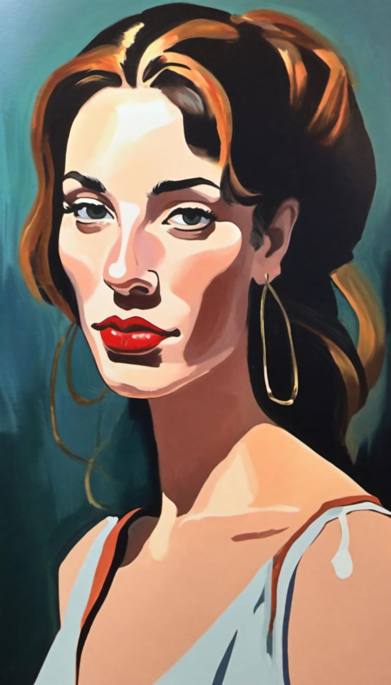 Gouache,Gouache, People, woman, 1girl, solo, jewelry, earrings, hoop earrings, brown hair, makeup, lipstick