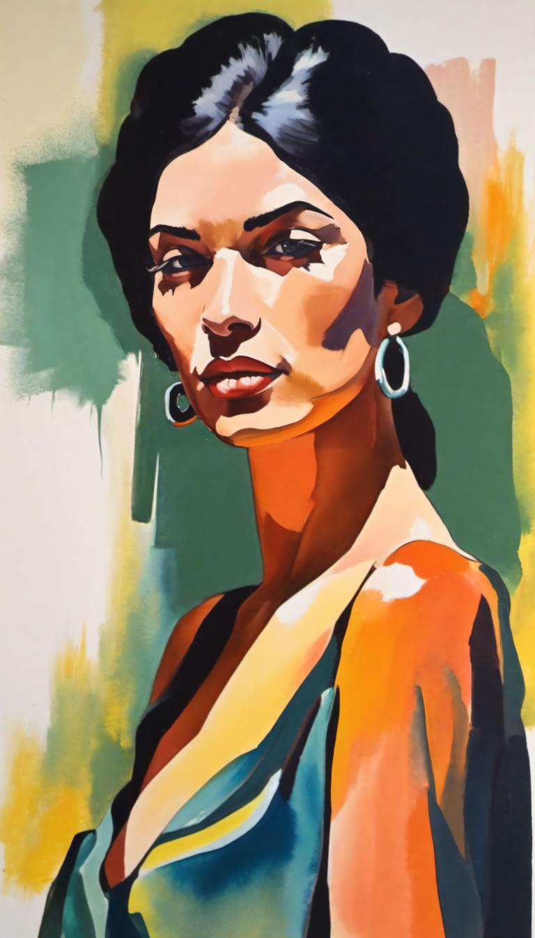 Gouache,Gouache, People, woman, 1girl, jewelry, solo, earrings, black hair, hoop earrings, upper body