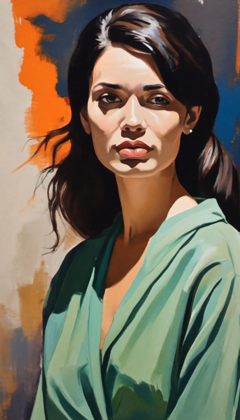 Gouache,Gouache, People, woman, 1girl, solo, black hair, long hair, earrings, jewelry, realistic, upper body