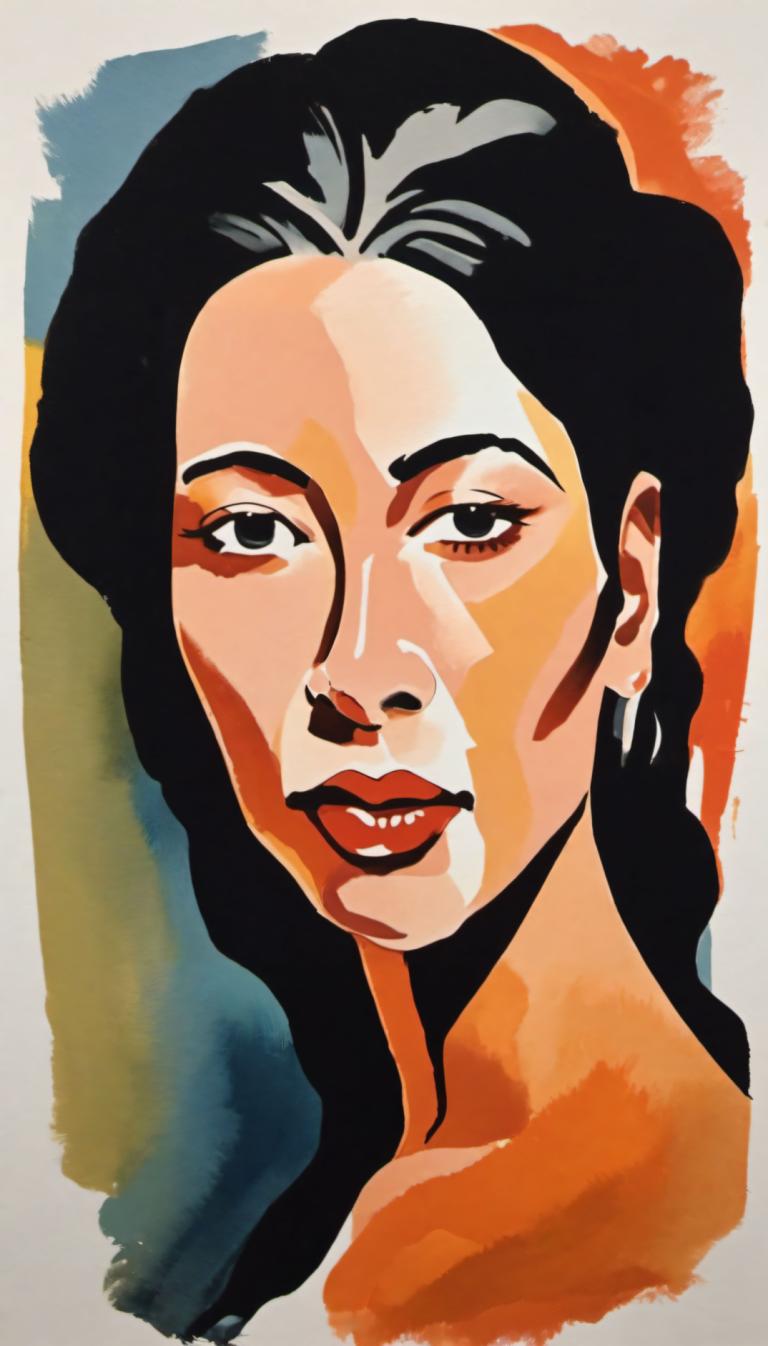 Gouache,Gouache, People, woman, solo, black hair, 1girl, portrait, black eyes, looking at viewer, parted lips