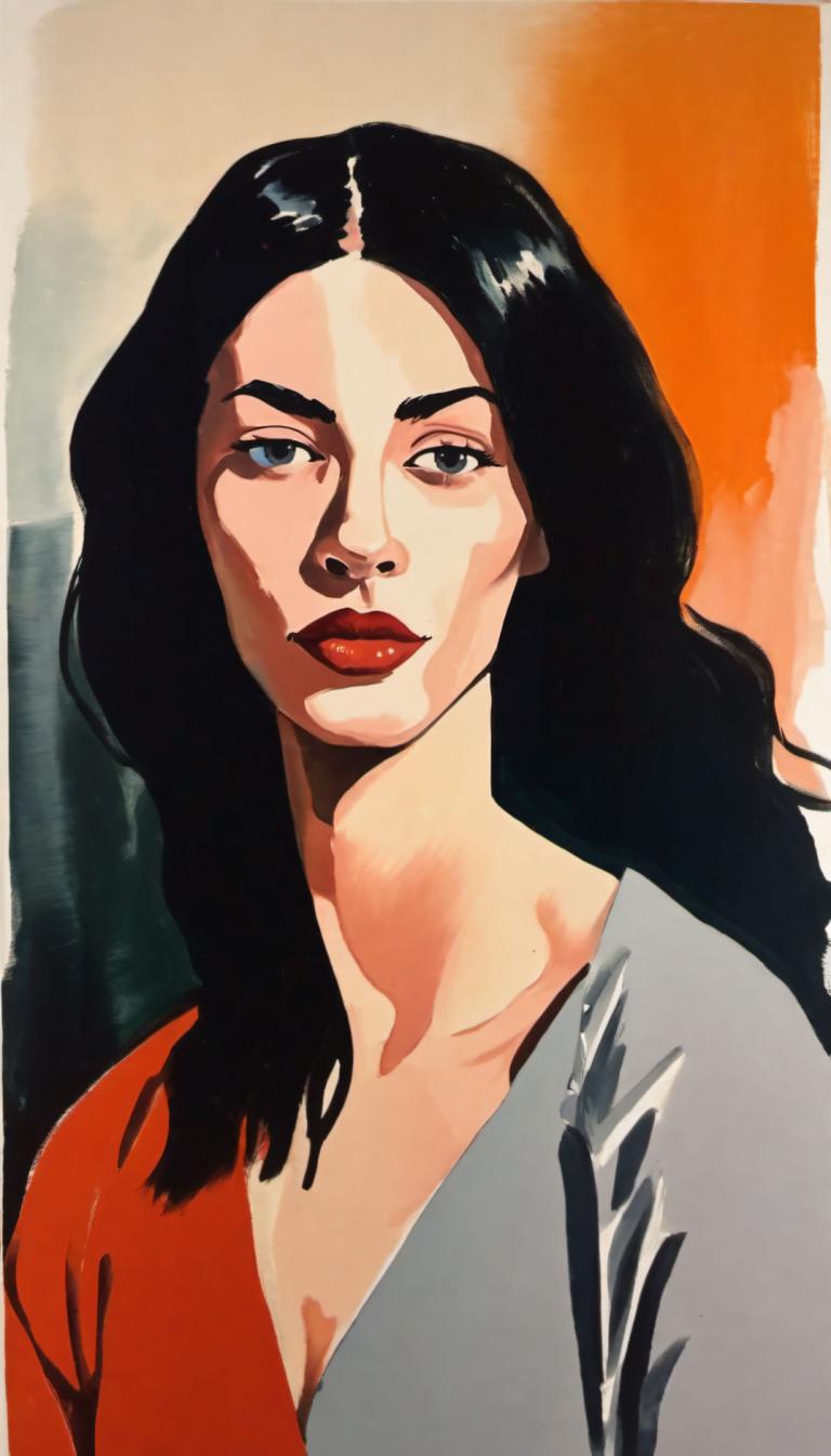 Gouache,Gouache, Gente, mujer, 1 chica, solo, pelo negro, pelo largo, labios rojos, ojos negros