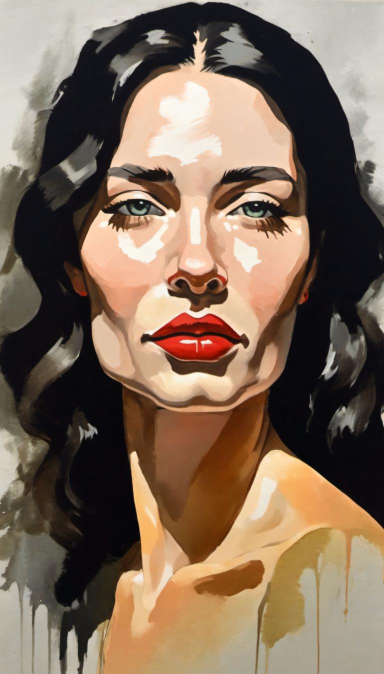 Gouache,Gouache, People, woman, solo, black hair, 1girl, long hair, makeup, lipstick, red lips