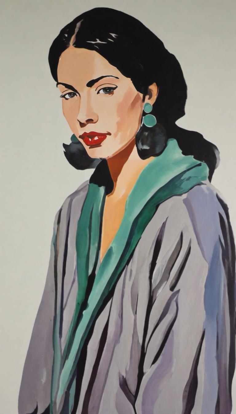 Gouache,Gouache, People, woman, 1girl, solo, jewelry, black hair, earrings, upper body, red lips, lipstick