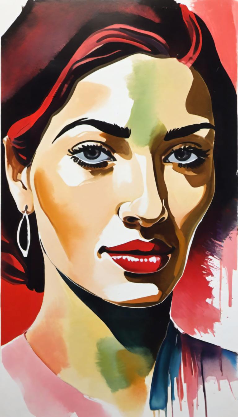 Gouache,Gouache, People, woman, solo, 1girl, jewelry, earrings, red lips, red hair, portrait, makeup