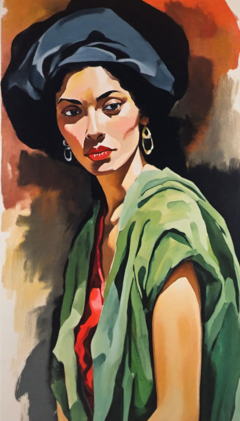 Gouache,Gouache, People, woman, solo, jewelry, earrings, black hair, 1girl, hoop earrings, lipstick