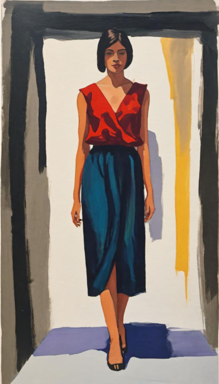 Gouache,Gouache, People, woman, 1girl, solo, skirt, red shirt, shirt, black hair, short hair, black footwear