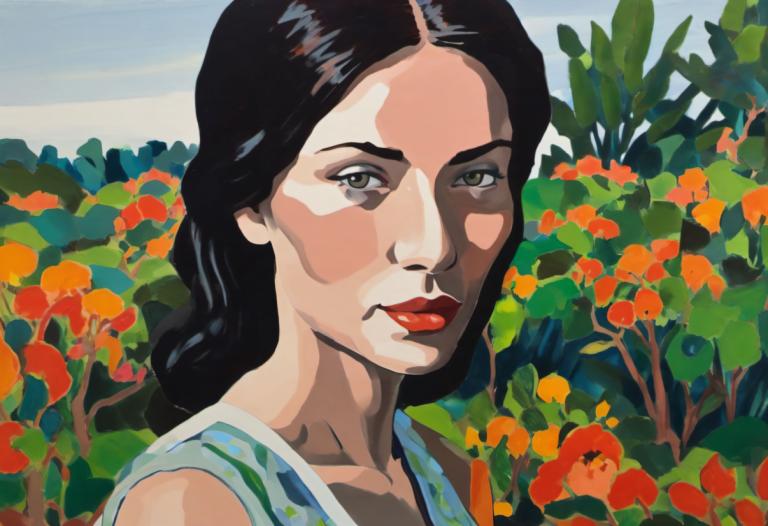 Gouache,Gouache, People, woman, 1girl, solo, black hair, flower, orange flower, looking at viewer, outdoors