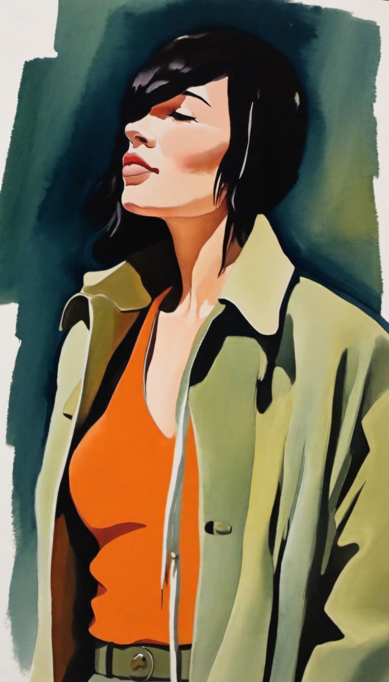 Gouache,Gouache, Menschen, Frau, 1Mädchen, Solo, schwarzes Haar, geschlossene Augen, Jacke, Gürtel