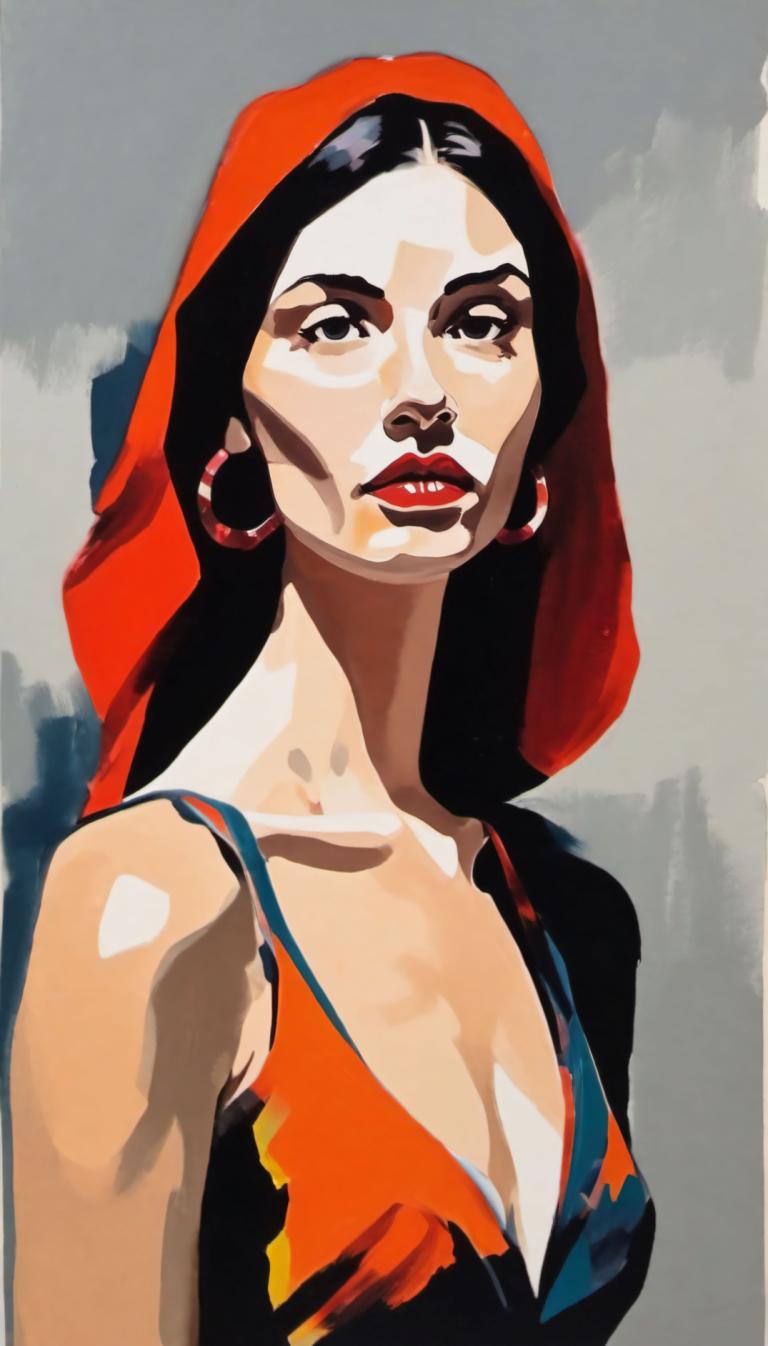 Gouache,Gouache, Mensen, vrouw, 1meisje, solo, oorbellen, juwelen, zwart haar, kap, lippenstift, borsten