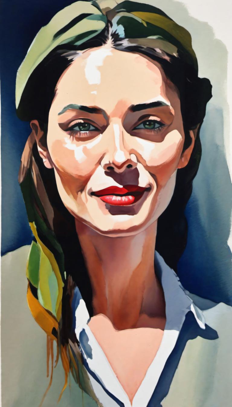 Gouache,Gouache, People, woman, solo, 1girl, looking at viewer, smile, black hair, long hair, red lips