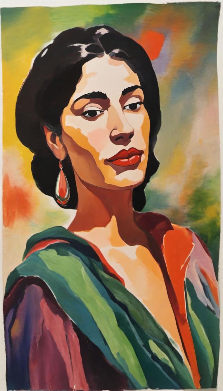 Gouache,Gouache, People, woman, solo, jewelry, earrings, black hair, 1girl, black eyes, upper body, red lips