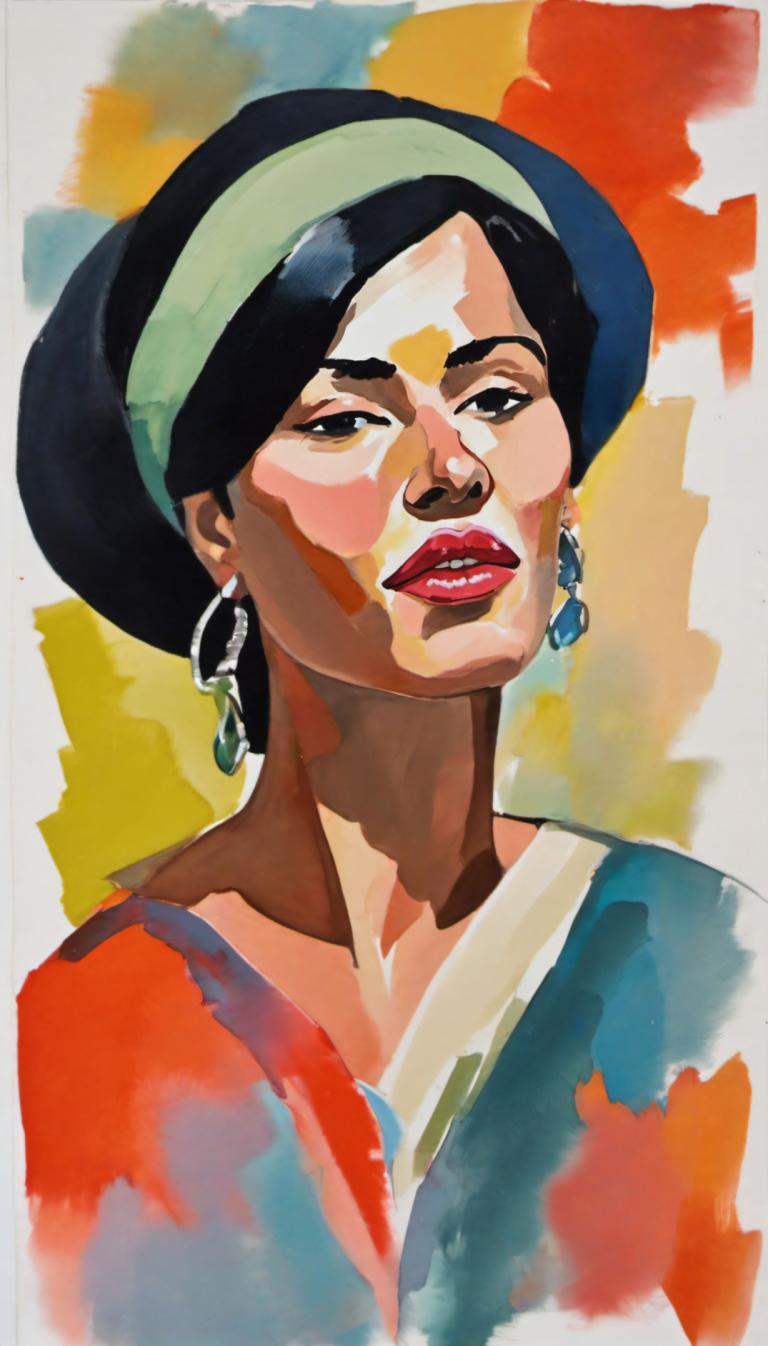 Gouache,Gouache, People, woman, solo, jewelry, 1girl, earrings, black hair, hairband, black eyes, facepaint