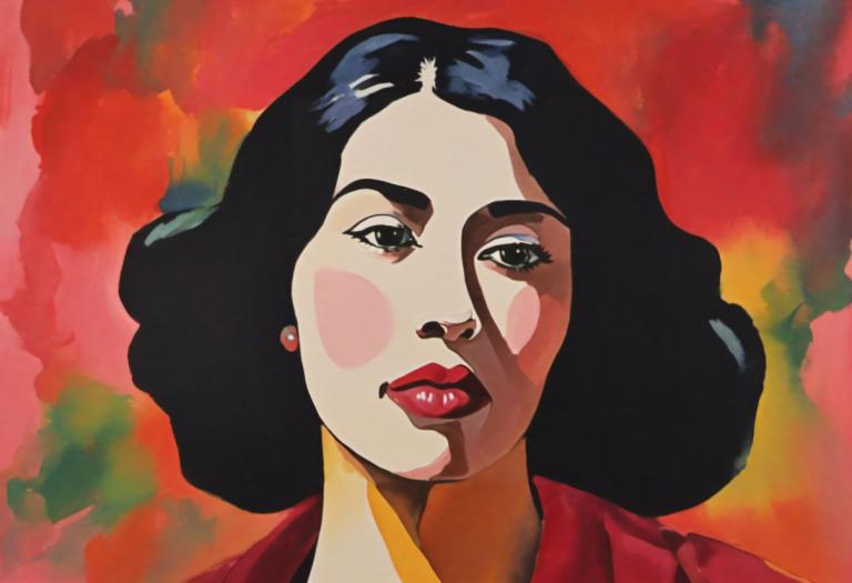 Gouache,Gouache, People, woman, 1girl, solo, black hair, earrings, jewelry, portrait, makeup, red lips