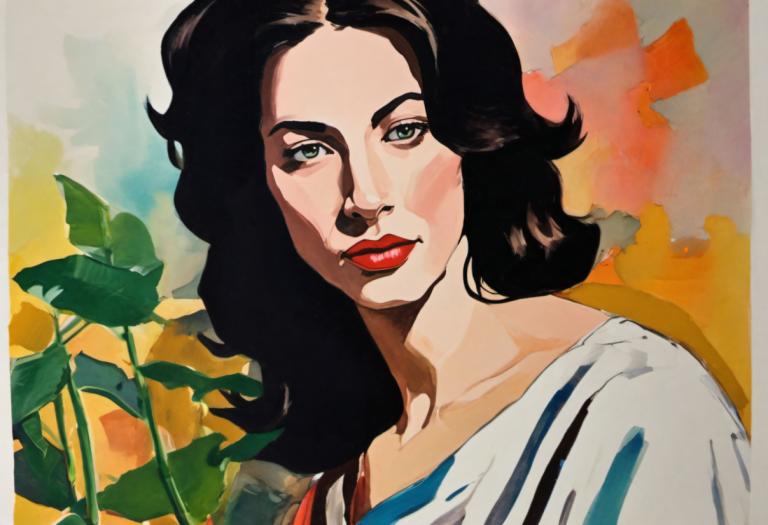 Gouache,Gouache, People, woman, solo, black hair, 1girl, red lips, looking at viewer, green eyes, shirt