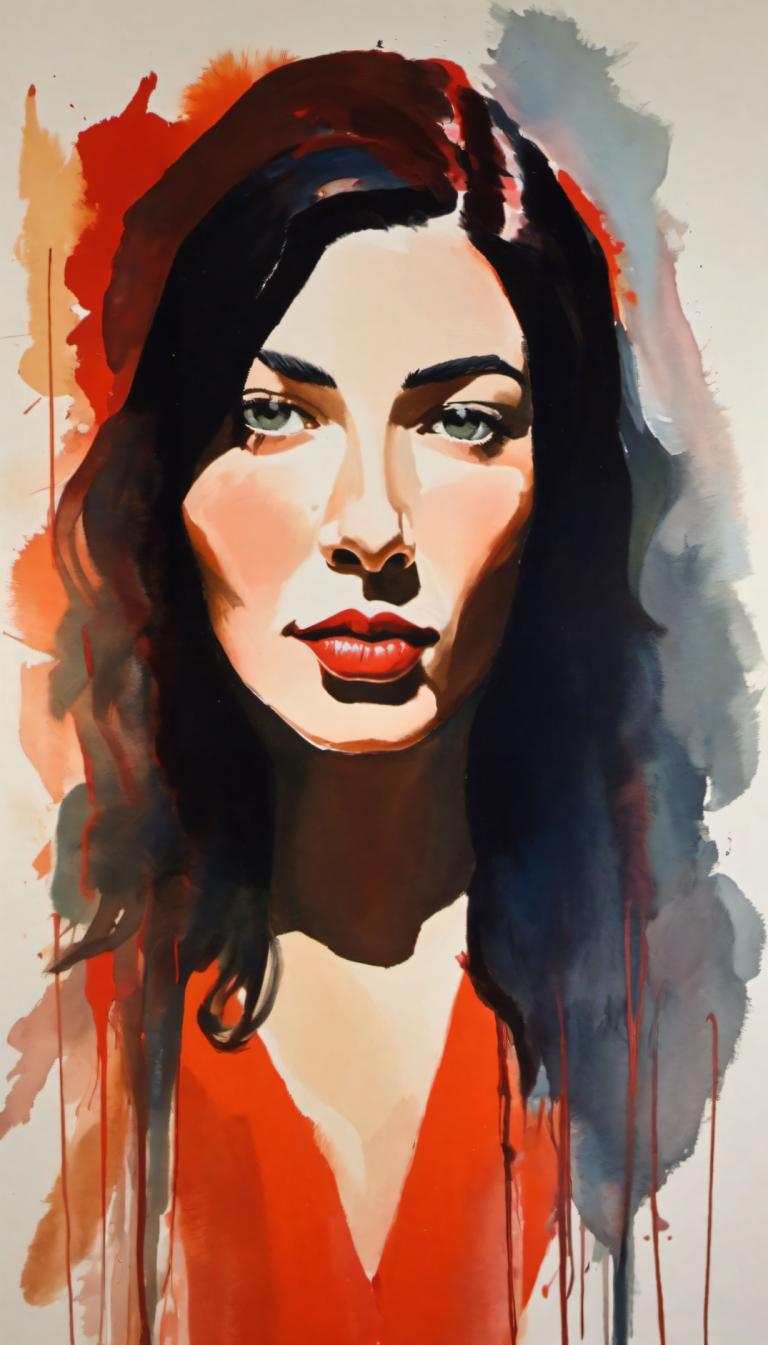 Gouache,Gouache, People, woman, 1girl, solo, black hair, long hair, red lips, green eyes, looking at viewer