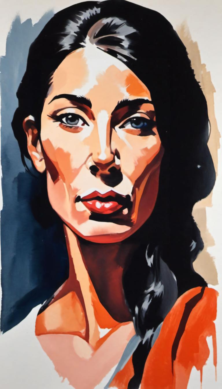 Gouache,Gouache, People, woman, solo, 1girl, black hair, long hair, portrait, looking at viewer, black eyes