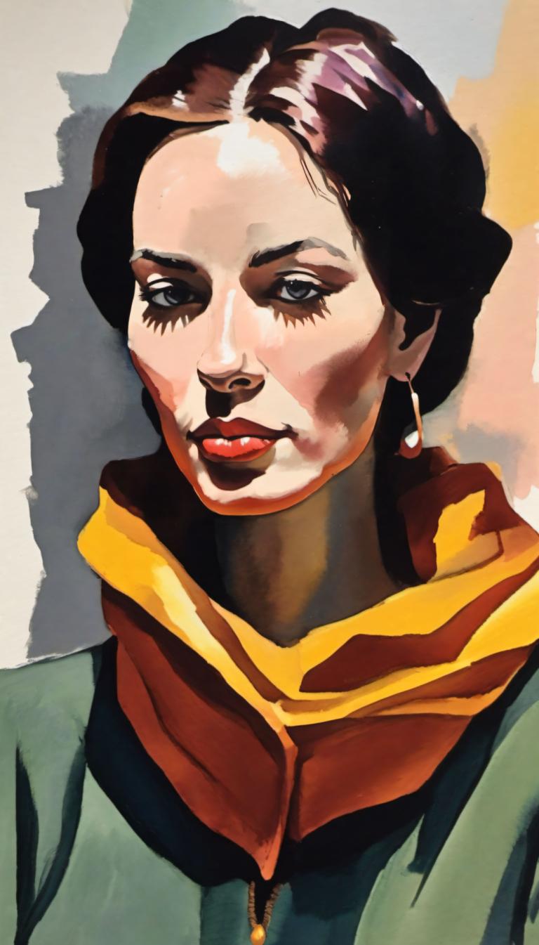 Gouache,Gouache, People, woman, 1girl, solo, jewelry, earrings, brown hair, lipstick, makeup, scarf