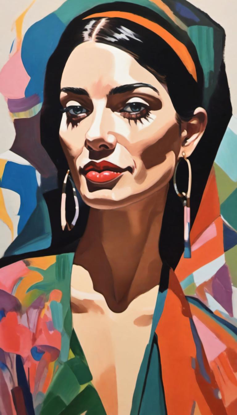 Gouache,Gouache, People, woman, jewelry, solo, earrings, 1girl, black hair, hoop earrings, makeup, red lips