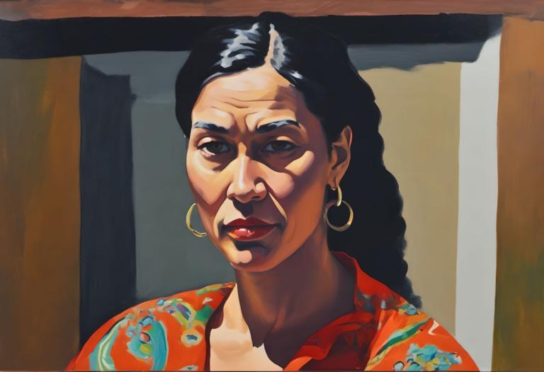 Gouache,Gouache, People, woman, solo, jewelry, earrings, black hair, 1girl, hawaiian shirt, hoop earrings