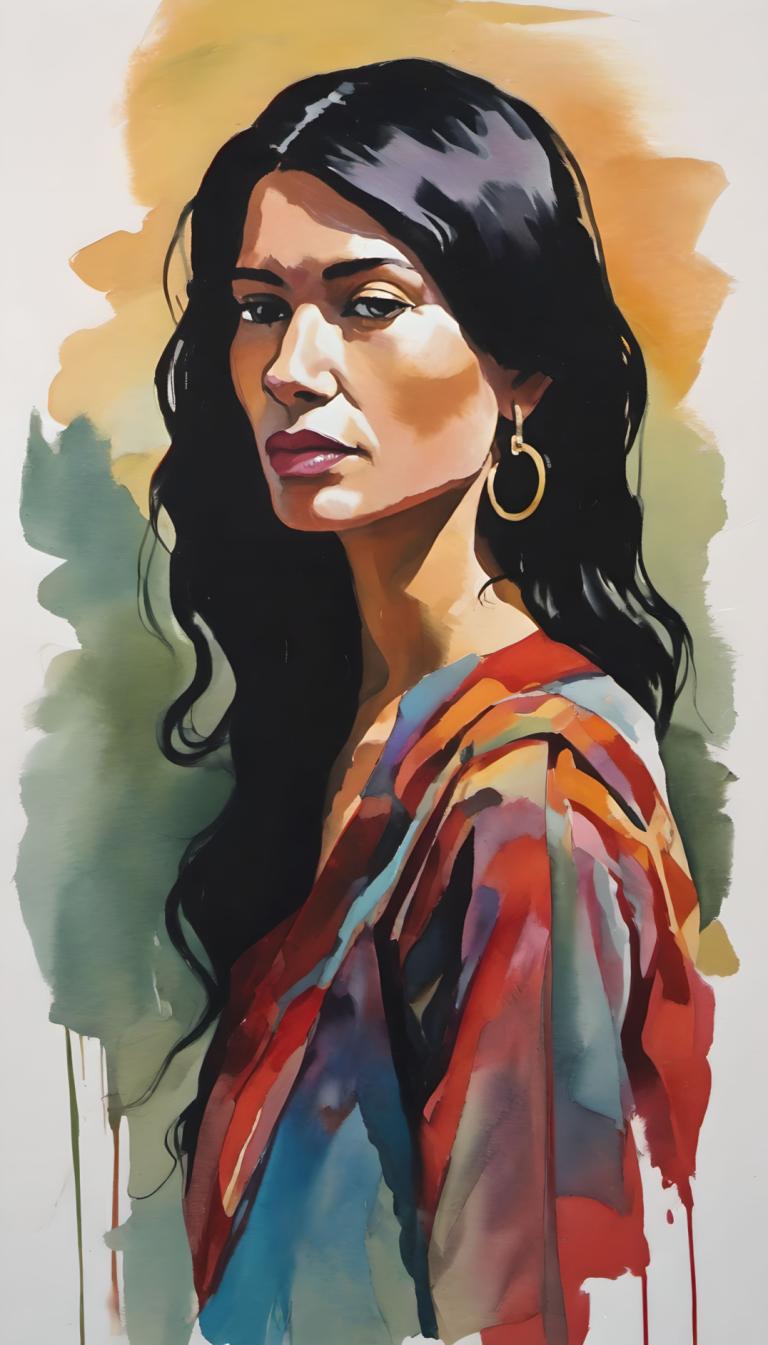 Gouache,Gouache, People, woman, 1girl, solo, black hair, jewelry, earrings, long hair, hoop earrings