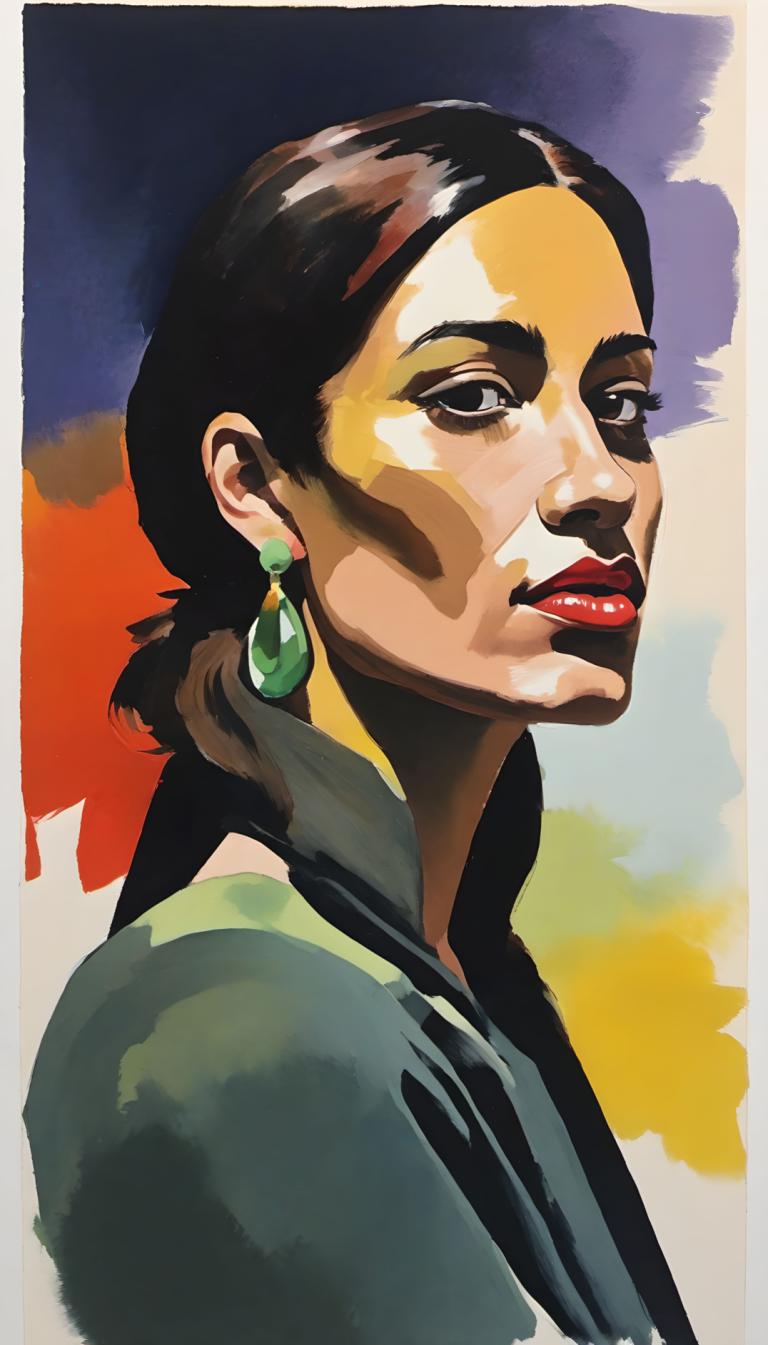 Gouache,Gouache, People, woman, solo, jewelry, earrings, 1girl, black hair, lipstick, makeup, red lips