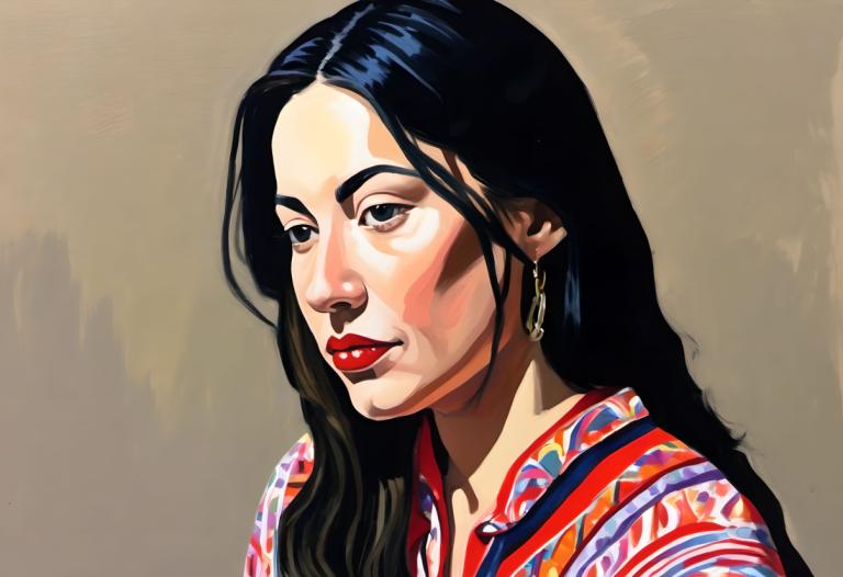 Gouache,Gouache, People, woman, 1girl, solo, jewelry, black hair, earrings, long hair, lipstick, red lips