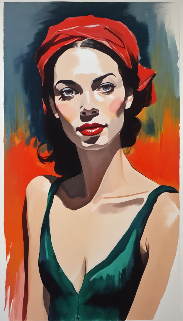 Gouache,Gouache, People, woman, 1girl, solo, bandana, breasts, black hair, cleavage, makeup, lipstick