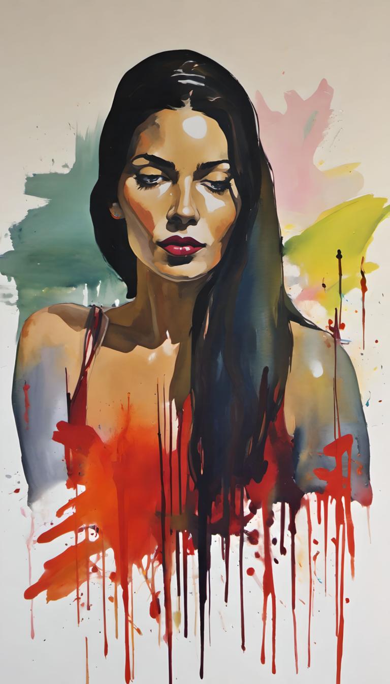 Gouache,Gouache, People, woman, 1girl, solo, black hair, long hair, upper body, looking at viewer, makeup