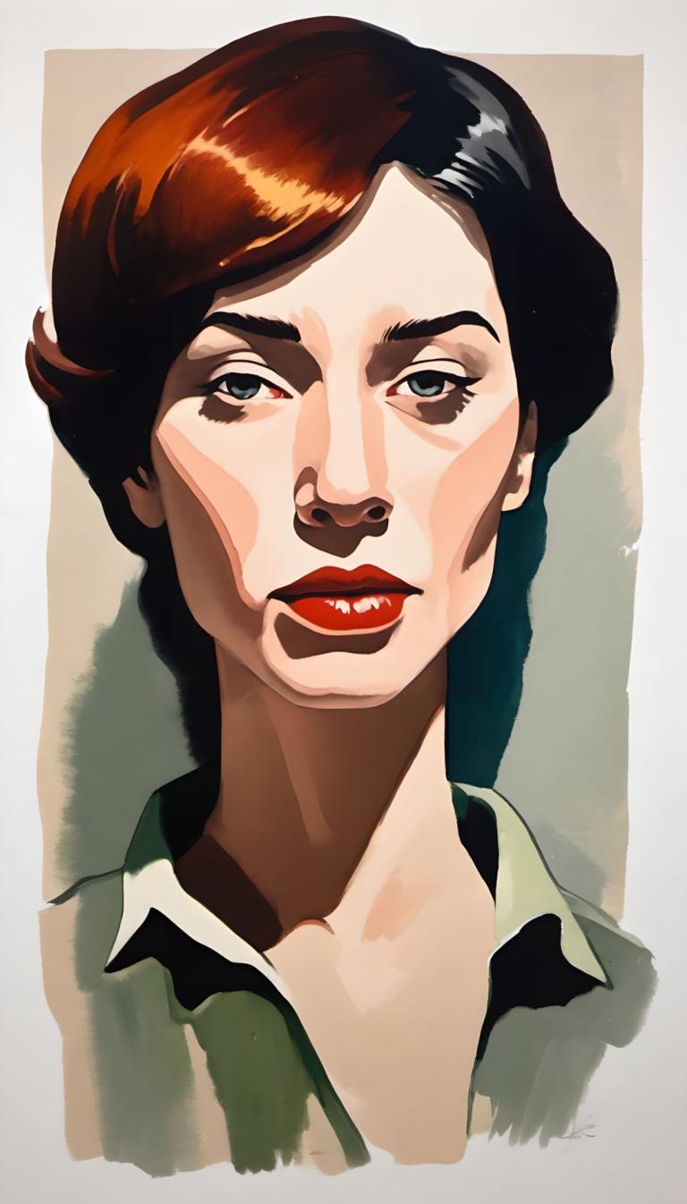 Gouache,Gouache, People, woman, solo, makeup, brown hair, lipstick, black eyes, portrait, red lips