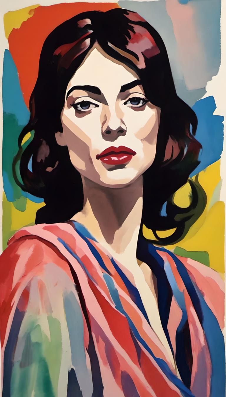 Gouache,Gouache, People, woman, 1girl, solo, black hair, red lips, makeup, black eyes, upper body, lipstick