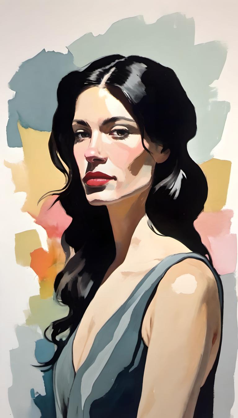 Gouache,Gouache, People, woman, solo, black hair, 1girl, long hair, makeup, lipstick, black eyes, upper body