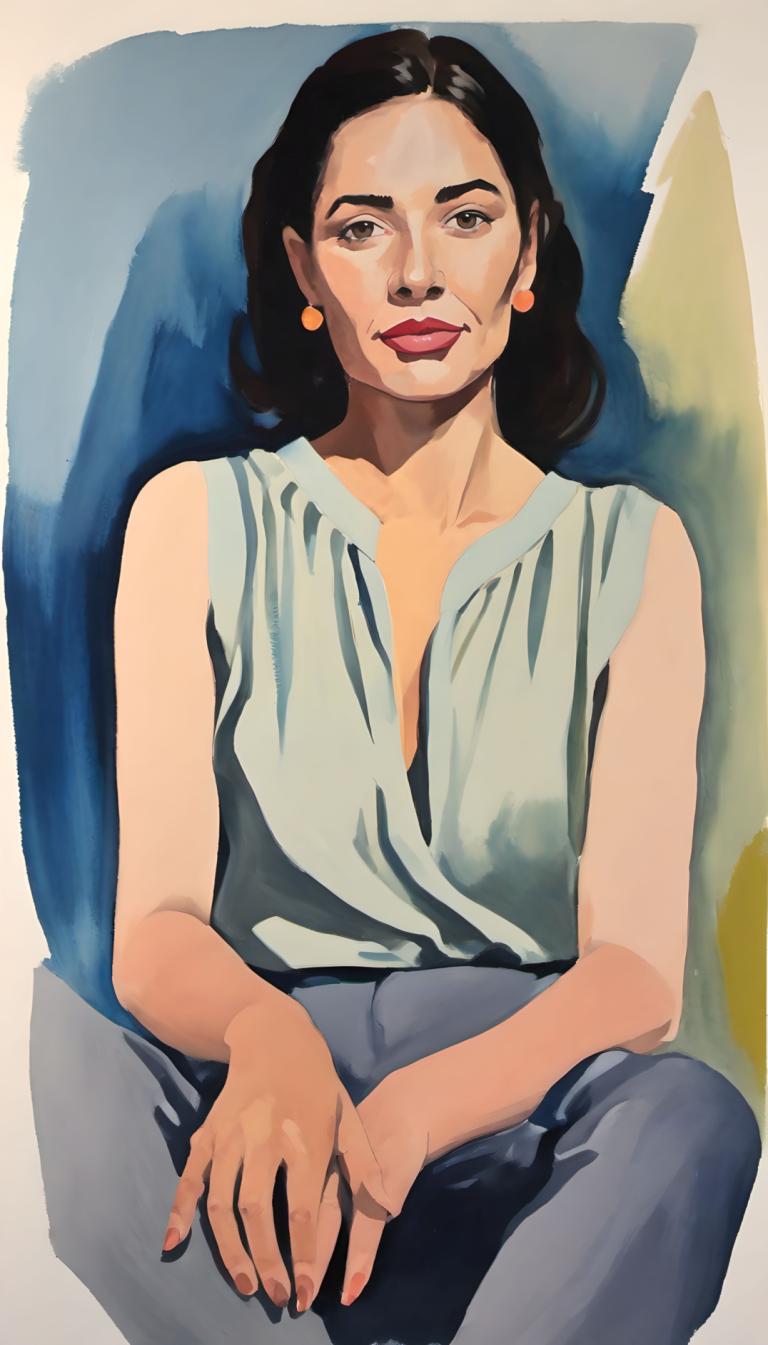 Gouache,Gouache, People, woman, 1girl, solo, jewelry, earrings, black hair, sitting, brown eyes, sleeveless