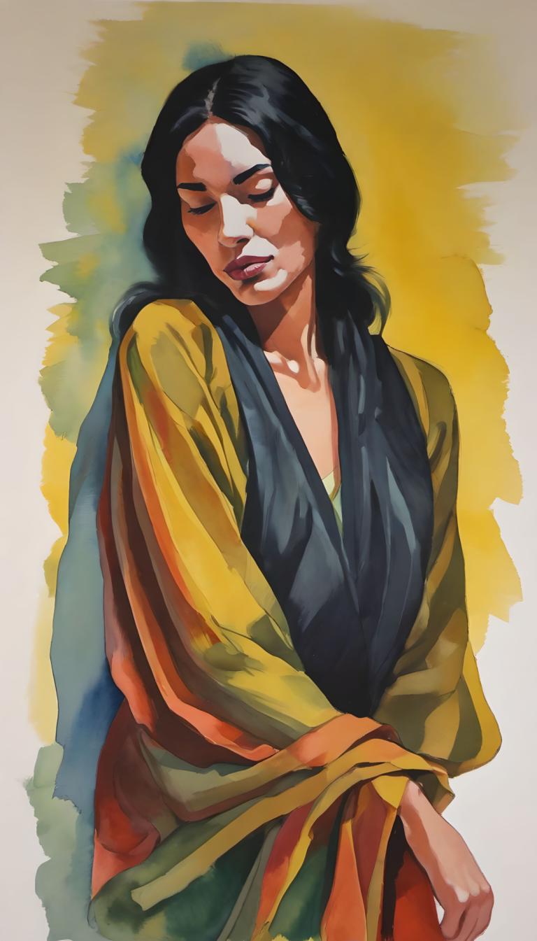 Gouache,Gouache, People, woman, solo, black hair, 1girl, long hair, closed eyes, makeup, lipstick, lips