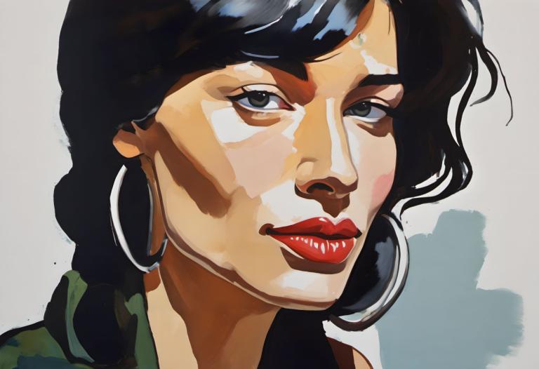 Gouache,Gouache, People, woman, solo, 1girl, jewelry, earrings, hoop earrings, black hair, red lips, lipstick