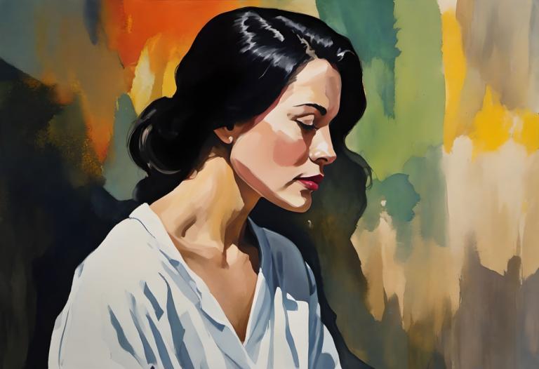 Gouache,Gouache, People, woman, 1girl, solo, black hair, profile, shirt, upper body, white shirt, long hair