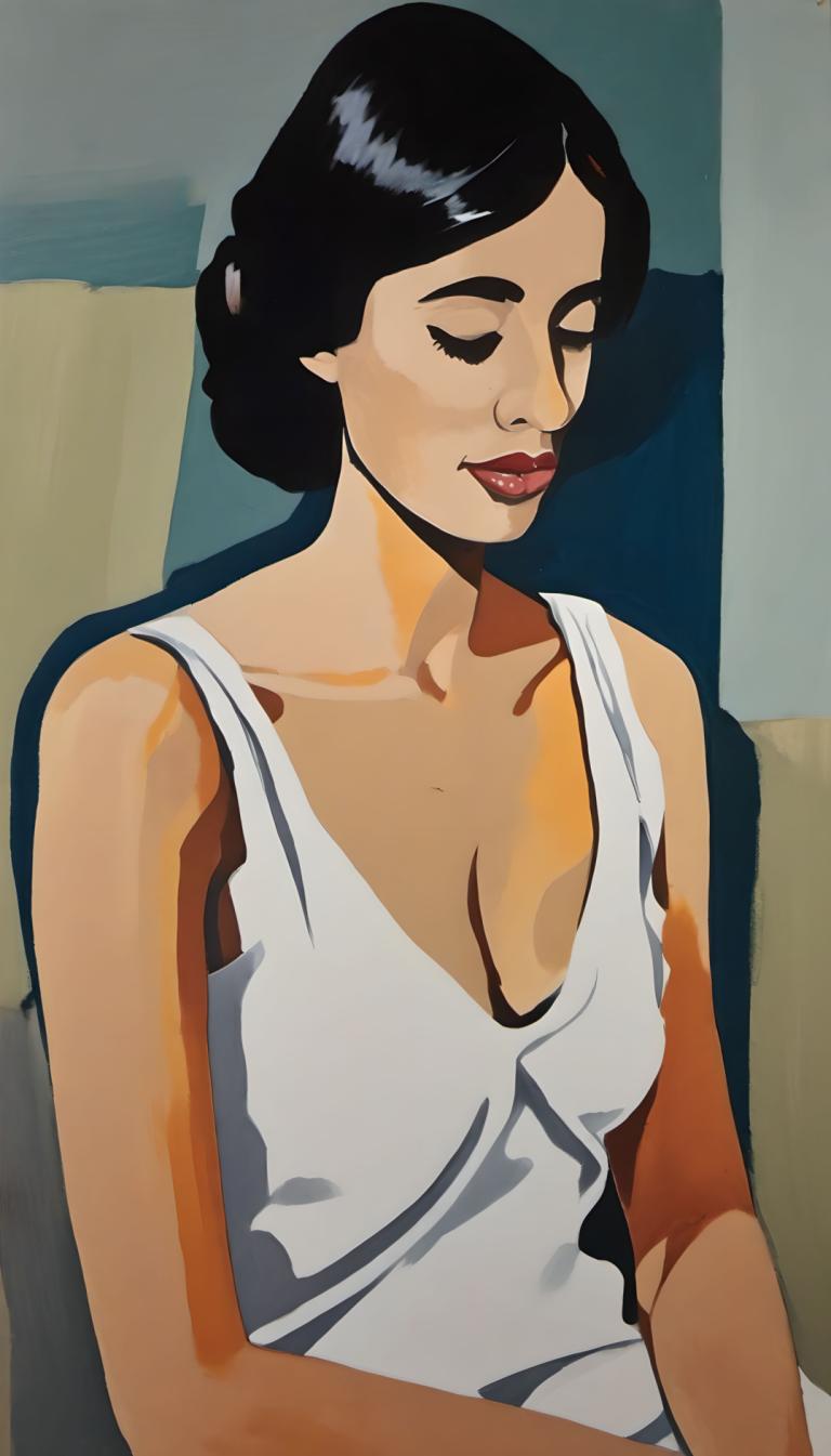 Gouache,Gouache, People, woman, 1girl, solo, black hair, closed eyes, breasts, cleavage, tank top, shadow