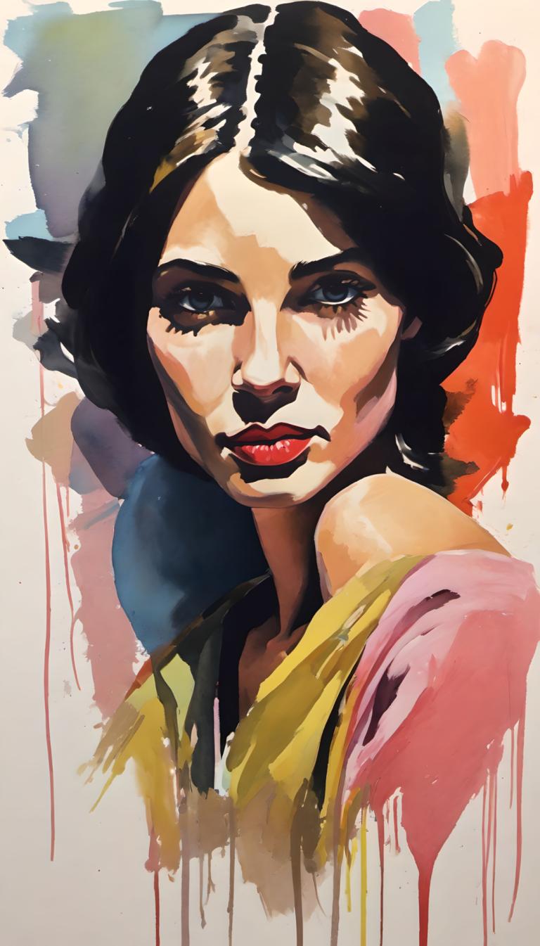 Gouache,Gouache, People, woman, 1girl, solo, black hair, makeup, lipstick, red lips, black eyes