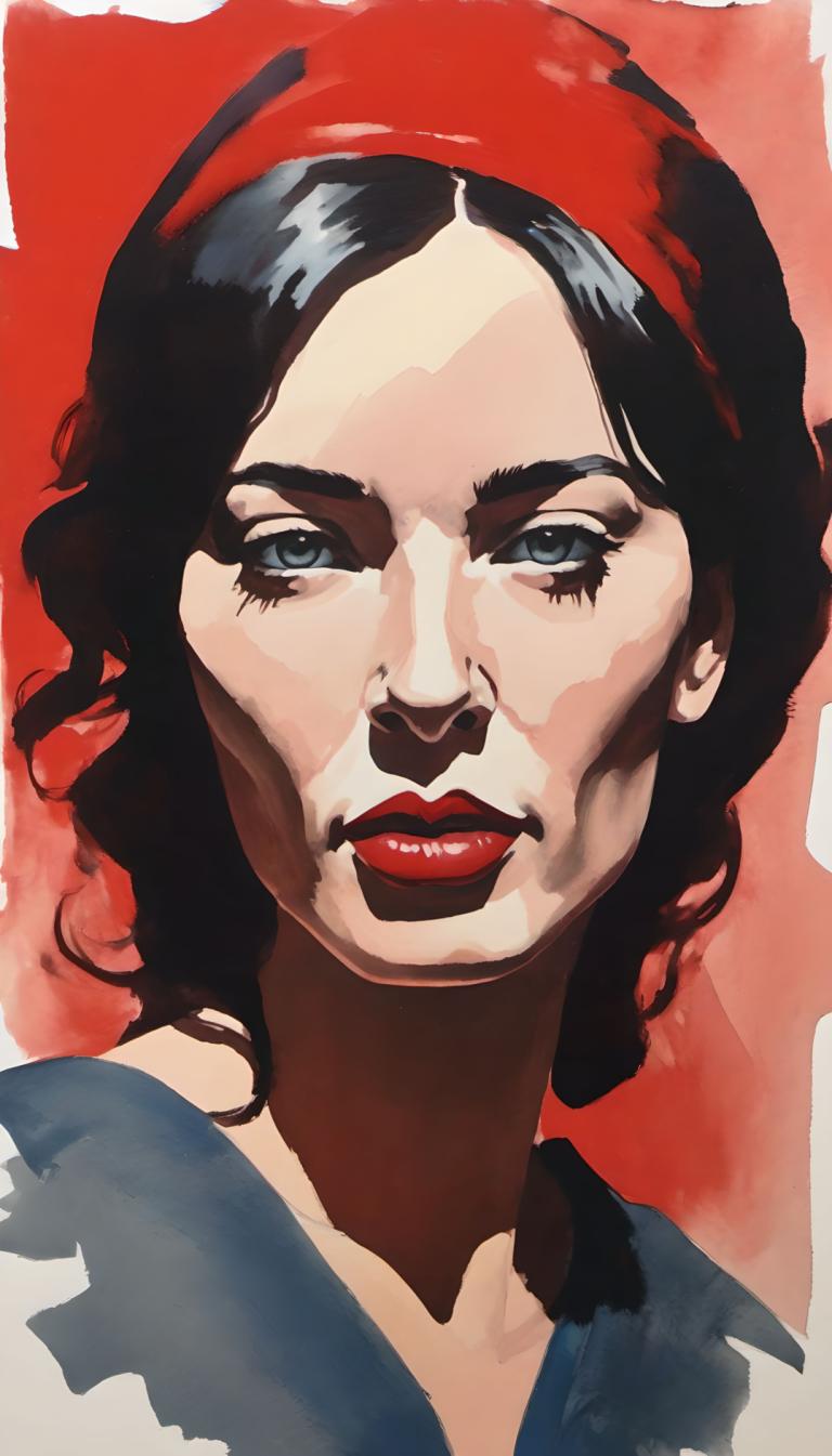 Gouache,Gouache, People, woman, 1girl, solo, black hair, portrait, makeup, hairband, red lips, lipstick