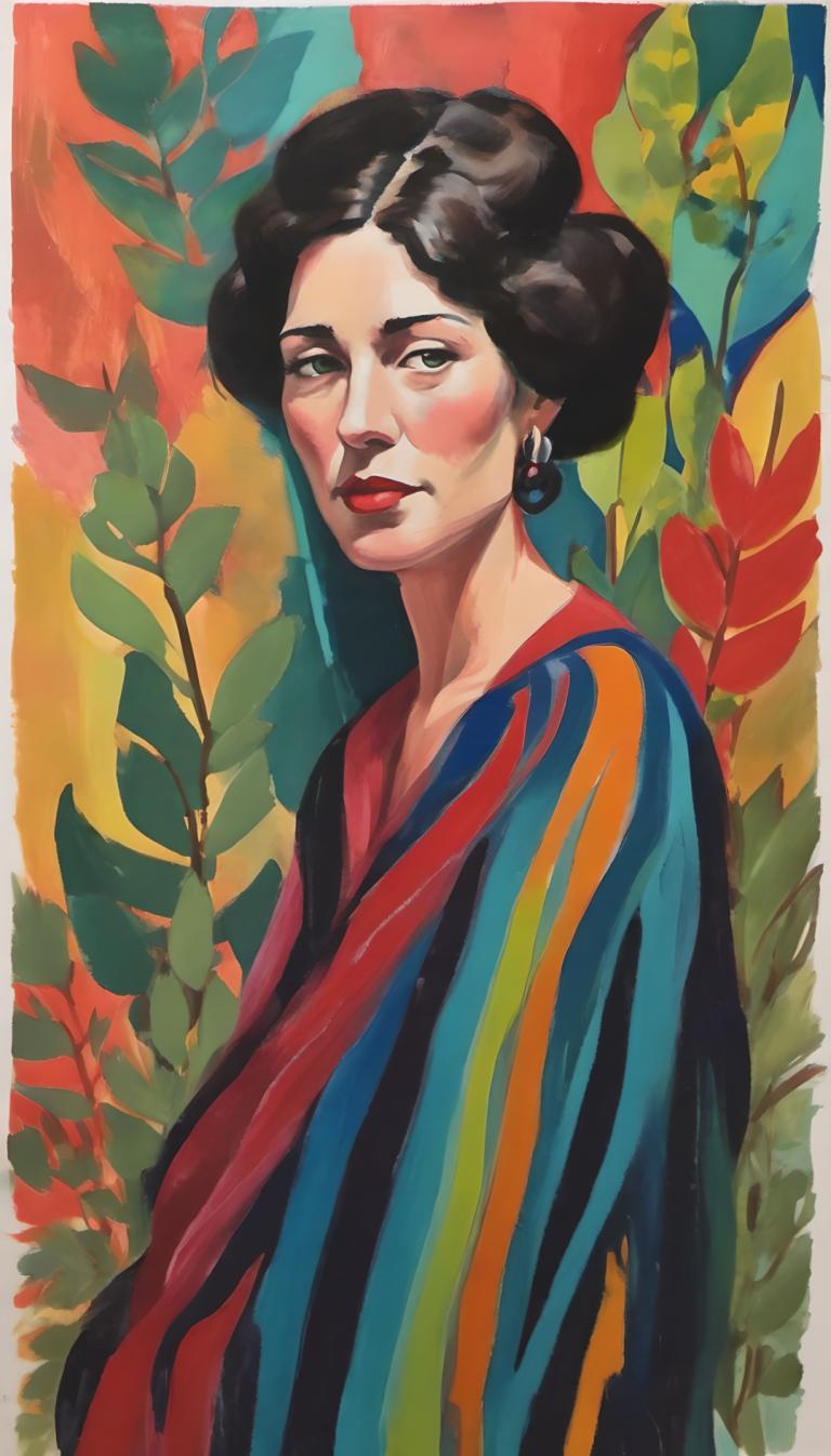 Gouache,Gouache, People, woman, solo, jewelry, earrings, black hair, 1girl, red lips, lipstick, makeup, leaf