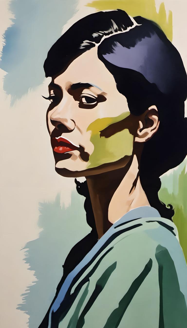 Gouache,Gouache, People, woman, solo, black hair, facepaint, black eyes, 1girl, red lips, makeup, upper body