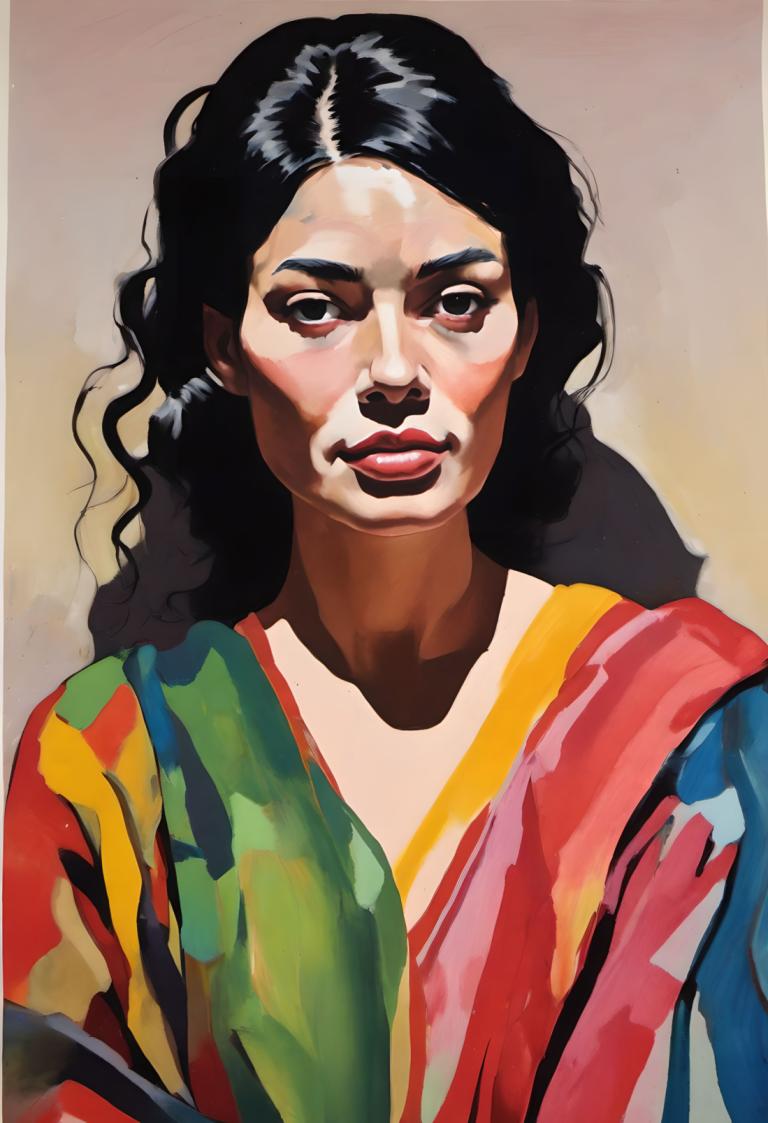 Gouache,Gouache, People, woman, solo, black hair, long hair, 1girl, black eyes, multicolored clothes