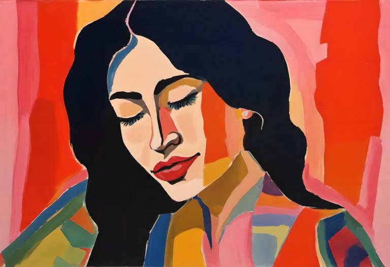 Gouache,Gouache, People, woman, solo, closed eyes, 1girl, black hair, portrait, makeup, long hair, red lips