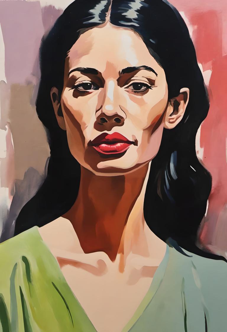 Gouache,Gouache, People, woman, solo, black hair, long hair, green shirt, 1girl, black eyes, red lips, shirt