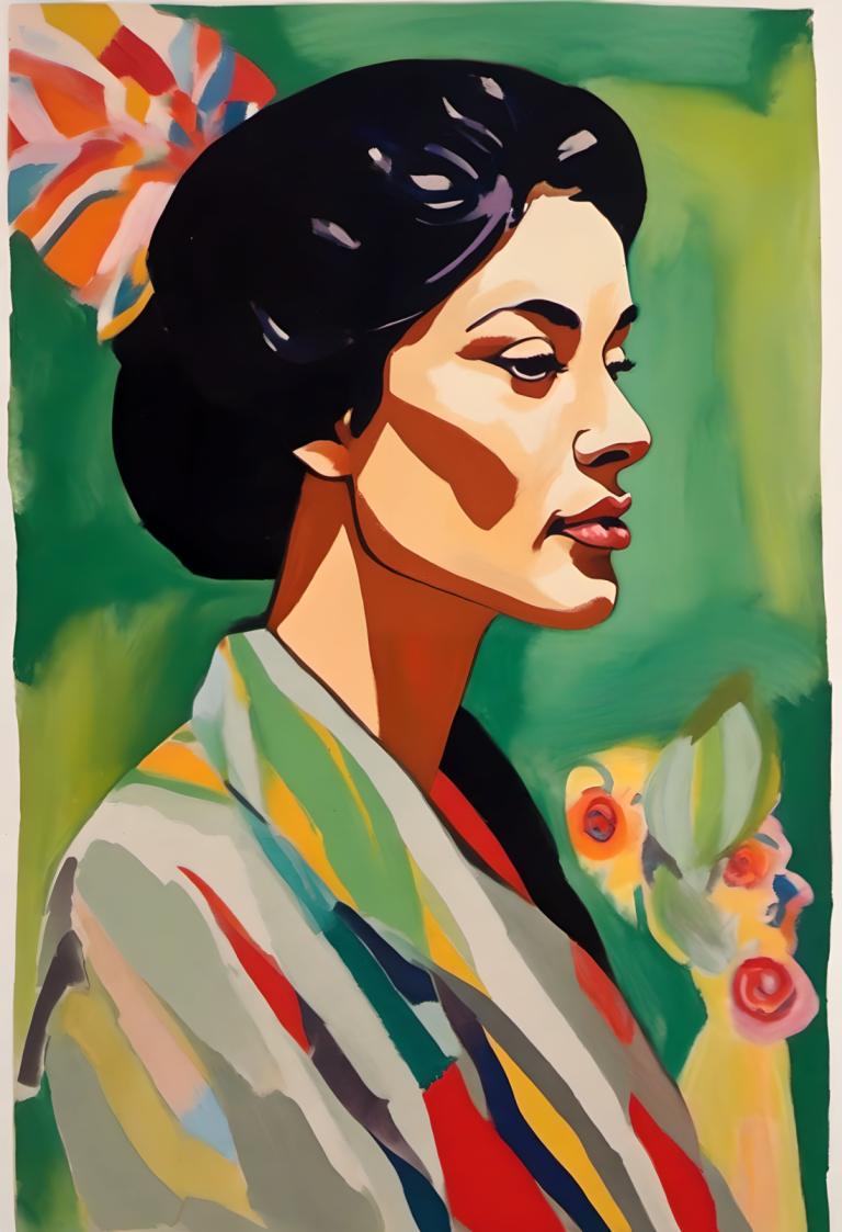 Gouache,Gouache, Gente, mujer, 1 chica, solo, pelo negro, ojos negros, labios rojos, ropa japonesa, kimono