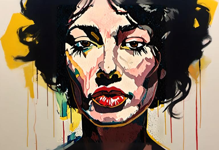 Gouache,Gouache, People, woman, solo, black hair, portrait, looking at viewer, brown eyes, short hair