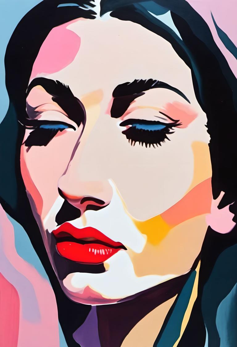 Gouache,Gouache, People, woman, 1girl, solo, portrait, red lips, blue eyes, black hair, makeup