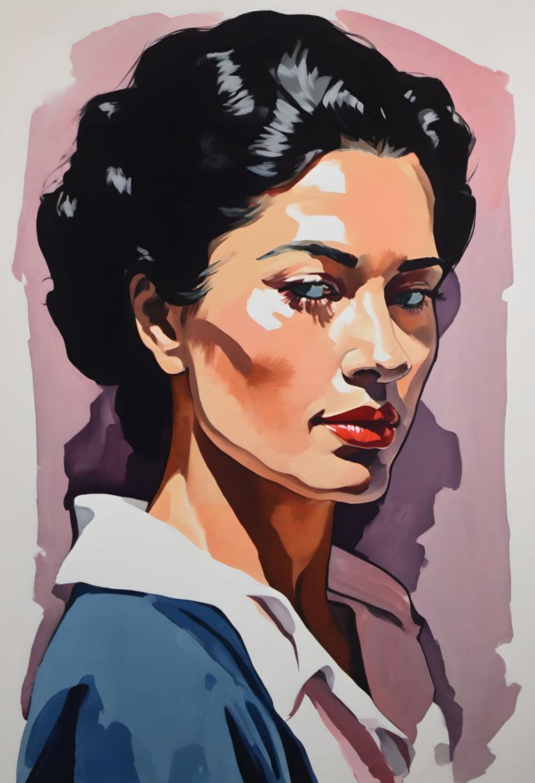 Gouache,Gouache, Gente, mujer, solo, pelo negro, 1 chica, ojos azules, constituir, camisa, labios rojos