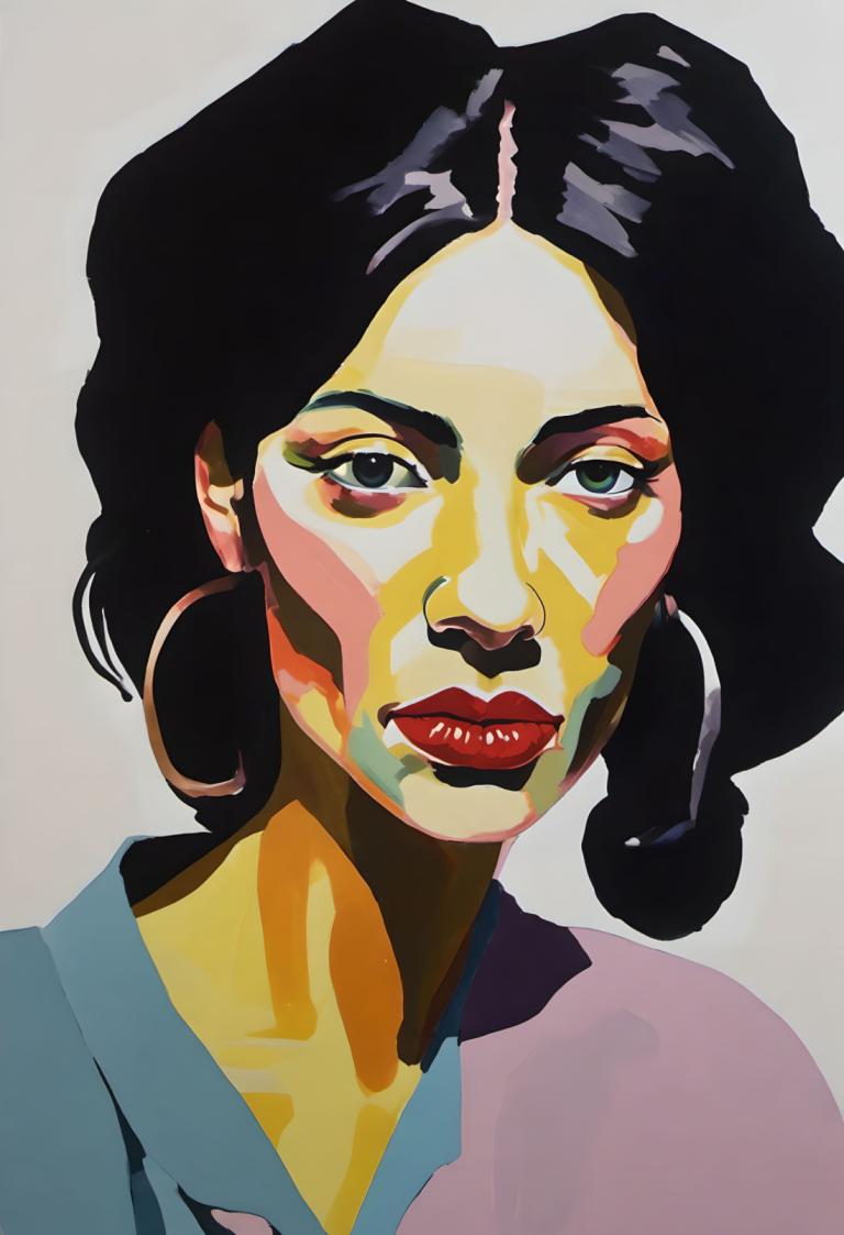 Gouache,Gouache, People, woman, solo, 1girl, jewelry, hoop earrings, earrings, black hair, makeup